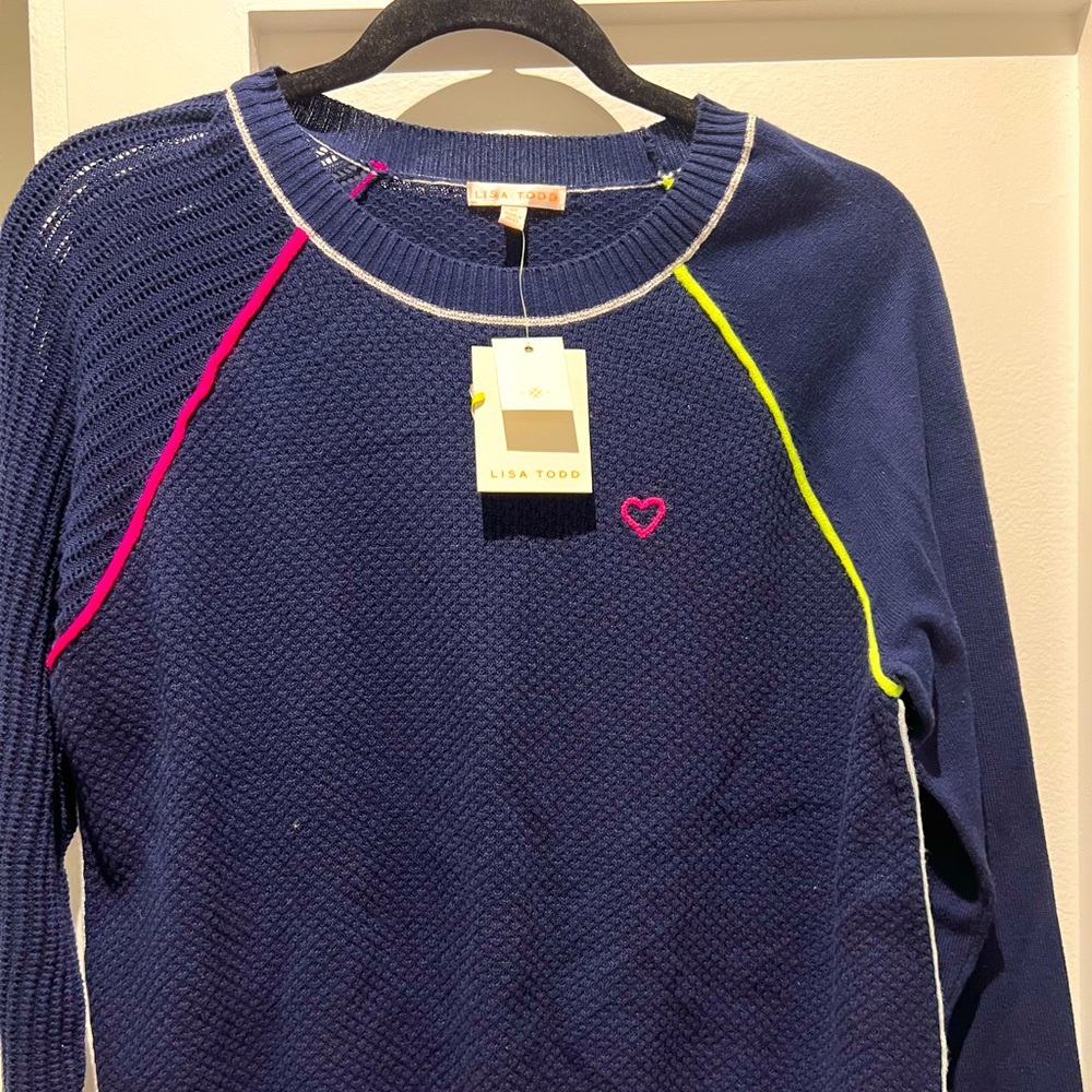 Lisa Todd Navy sweater with Neon pink and green accents. Size Medium. NWT